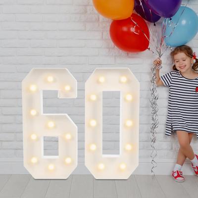Double-sided Light-up Number 60 LED Strip with Battery Box, LED Bulbs, 60th Birthday Party Decoration Lights, KT Board, White