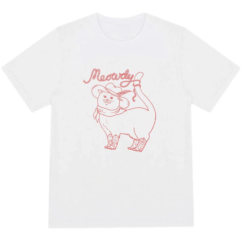 Cute Meowdy Cowboy Cat Funny Meme TShirts Western Howdy Shirt Summer Women Casual Graphic Tees Cotton Fashion Aesthetic Tops S