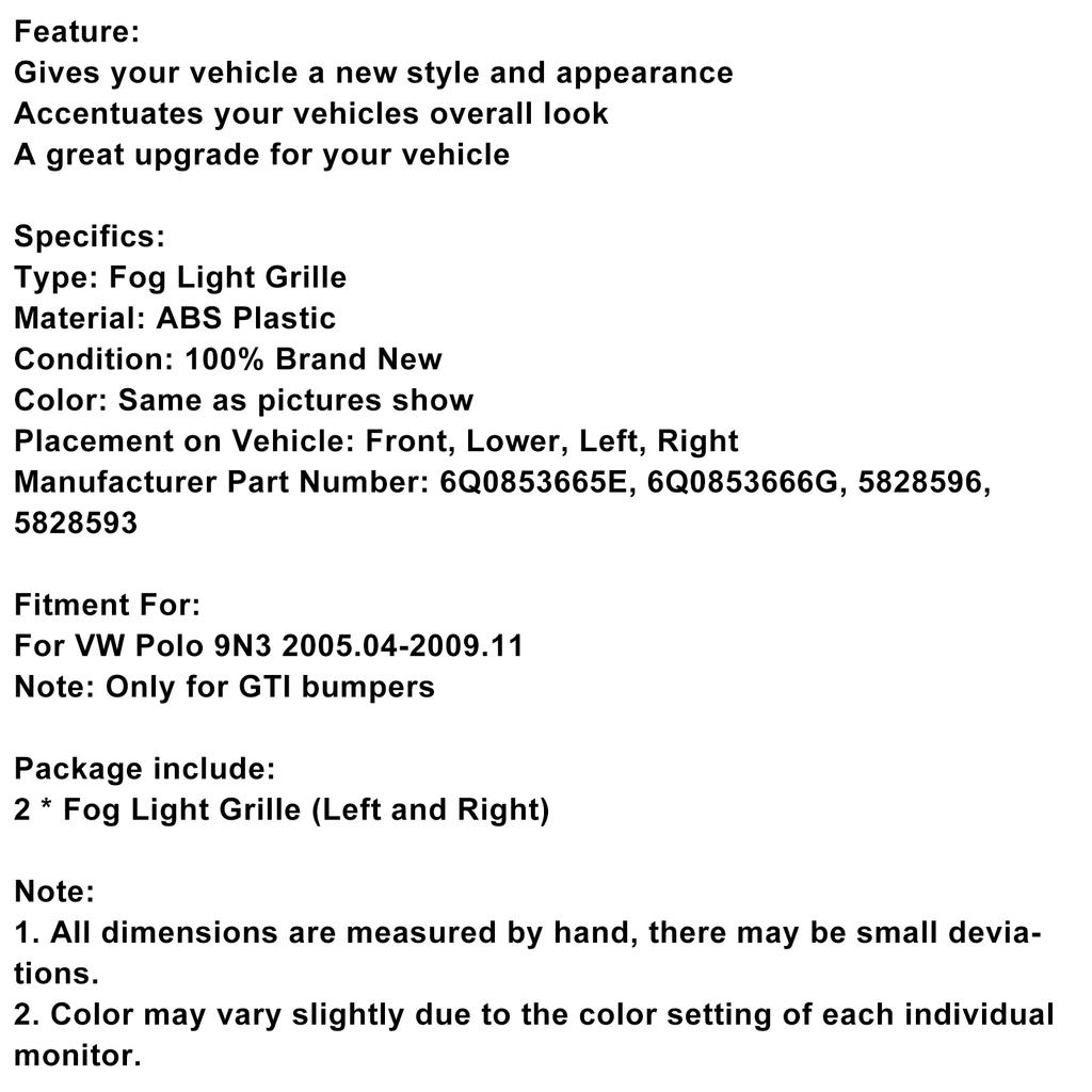 2 STÜCK Nebelscheinwerferabdeckung Gitter Grill Passend für VW Polo 9N3 GTI 2005-2009