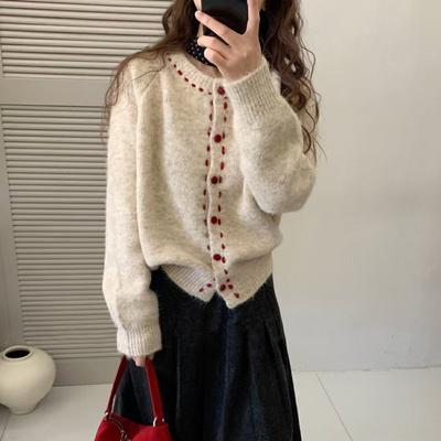Premium Hand-stitched Crew Neck Sweater Jacket Women's Winter New Soft Waxy Knitted Cardigan Design Top
