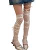 Japanische Spitze Beinärmel mit verstellbaren Bändern für Damen Durchsichtige Netz-Oberschenkel-Beinwärmer Lange fußlose Socken