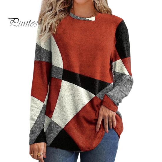 

Женские топы с круглым вырезом и длинным рукавом, контрастный цвет, геометрический принт, свободная футболка, повседневные пуловеры, топы L красный