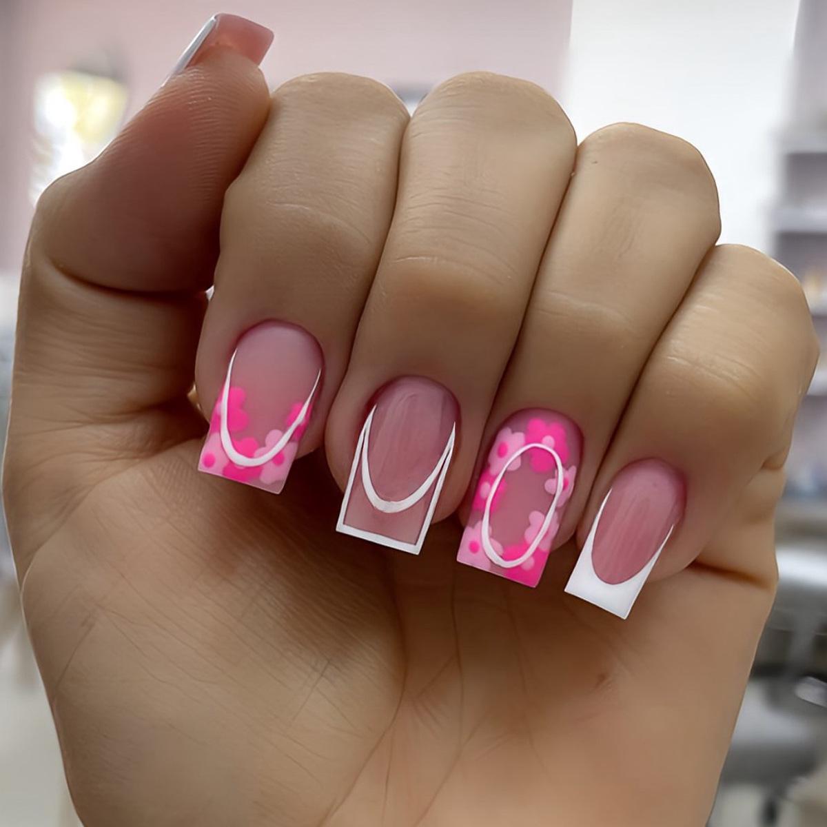 

Medium Pink Heart French Manicure Press-On Nails, European & American Style