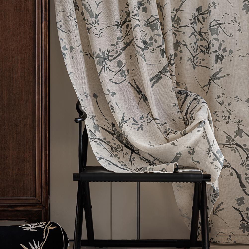 1PC NAPEARL Linen Texture Printed Sheer Curtain New Chinese Ink Bamboo Pattern Tulle for Living Room Bedroom Balcony Window Home Decor