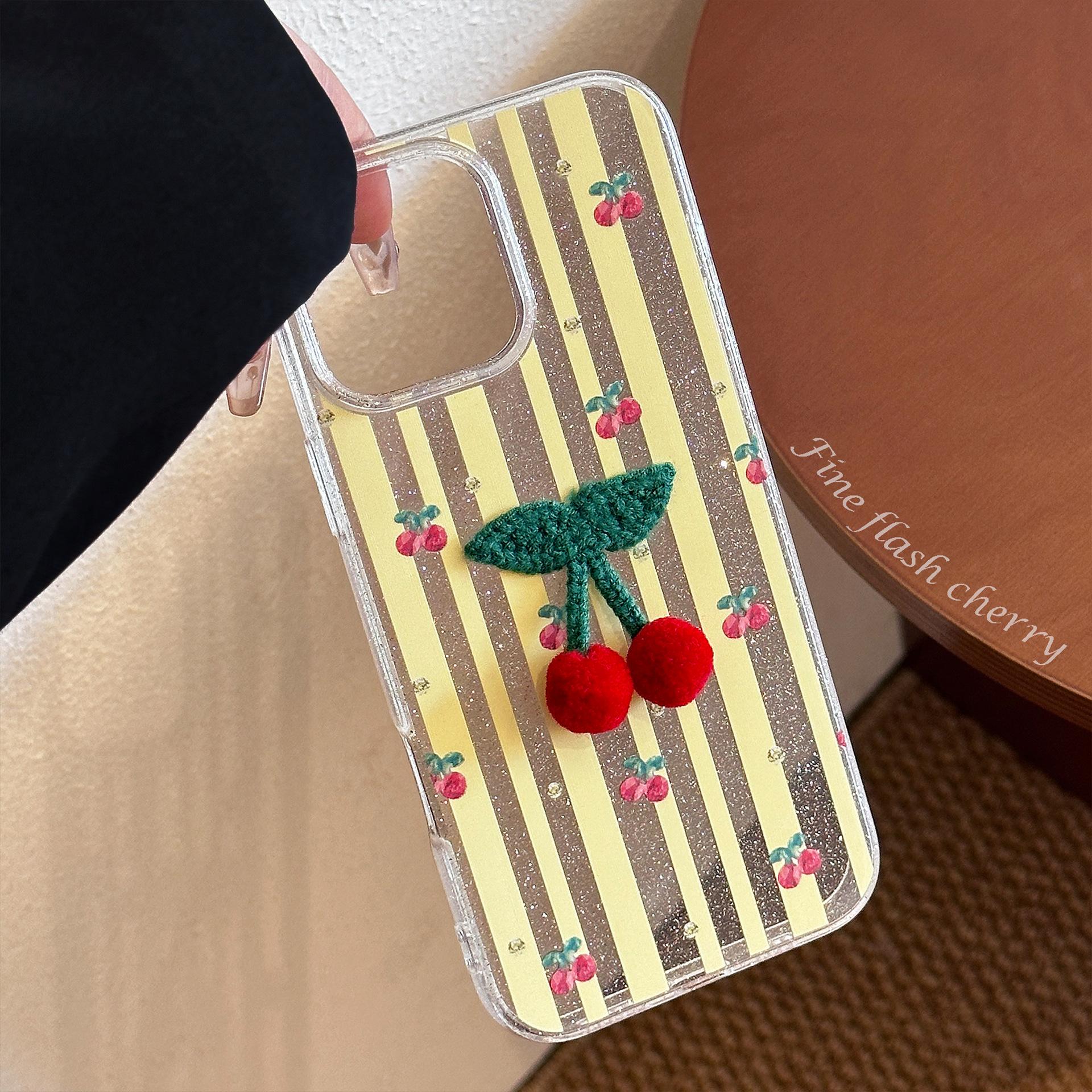 

Трехмерный Маленький Вишневый Яблочный 16 Чехол для мобильного телефона Блестящий Розовый Желтый Полосы Iphone15promax Подходит для 11 Подвесная Цепочка 12 Мягкий 12pro max(6.7)