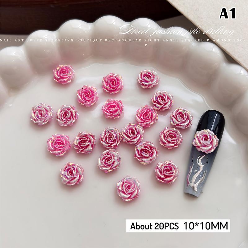 20Pcs Nail Art Charms 10mm Aurora Gradient Resin Rose Flowers For Jewelry Making 3D Nail Accessories Handmade DIY Nail Art
