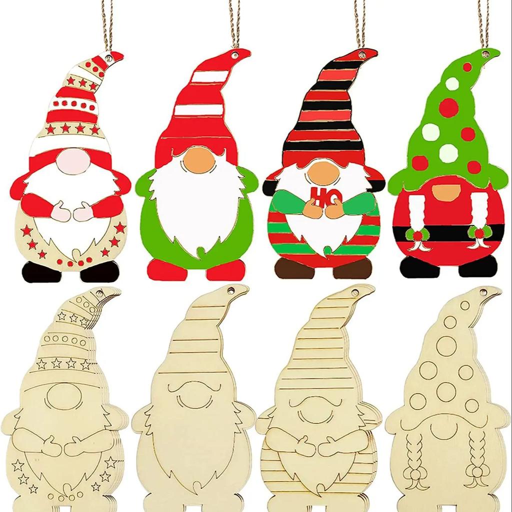 1Set/8Pcs Unfinished Christmas Decorations Wooden Dwarf Elf Hanging Ornament Christmas Tree DIY Painting Graffiti Kids Toy Gifts