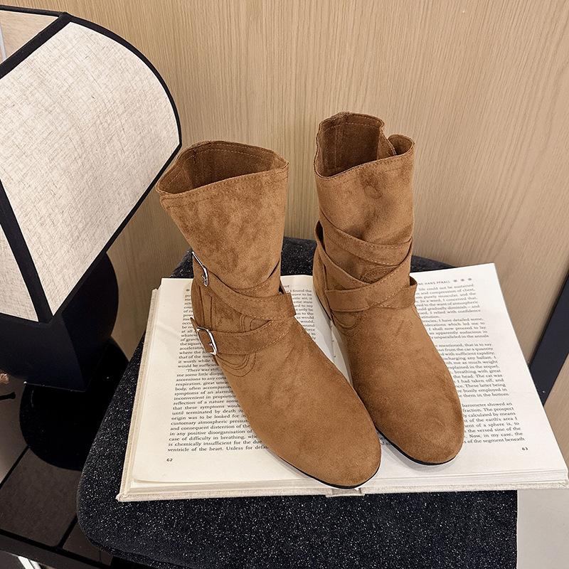 Versatile buckle belt heightening in the pile, autumn and winter brown short boots, women's retro matte new fashion boots