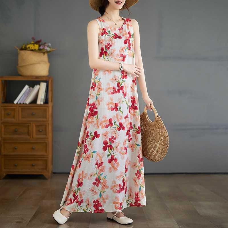 New Bohemian Long Dresses Summer New Sleeveless Round Neck Printed Dresses