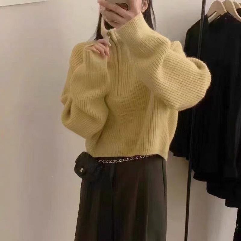 Women's Korean Style Stand Collar Half-Zip Thick Knit Sweater for Autumn/Winter