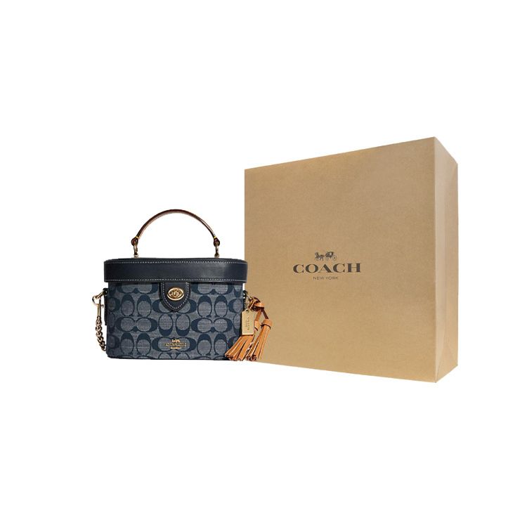 Coach Kay 20 Classic Monogram Chambray Full Print Knob Flap Tassel Box Shape Shoulder Crossbody Bag Women Handbags Denim-Blue C8165-IMDEI