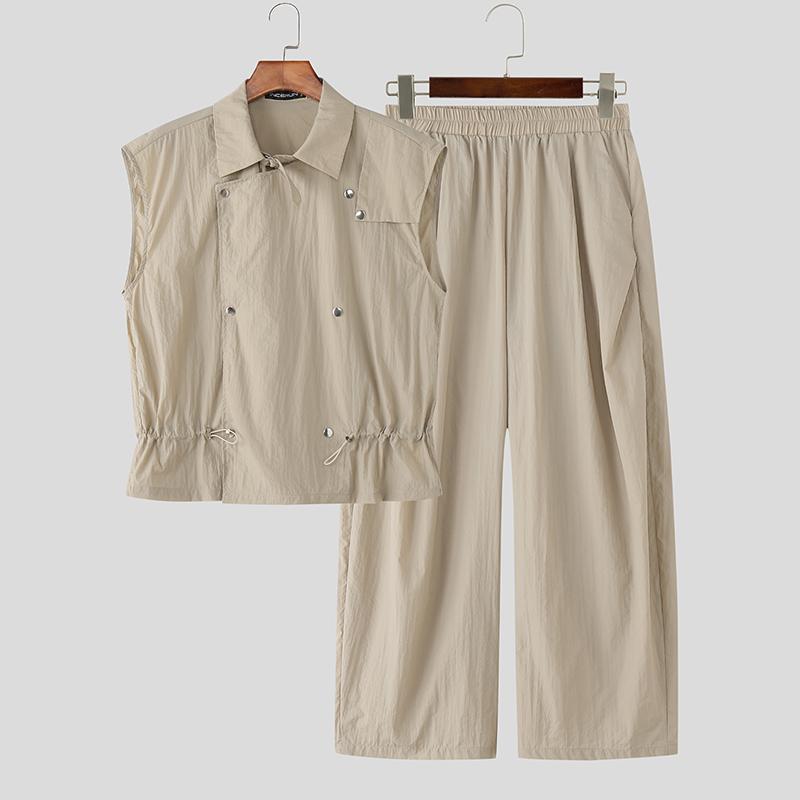 INCERUN Two Pieces Casual Sets Men Sleeveless Waistcoat and Long Cargo Pants Trousers Outfits