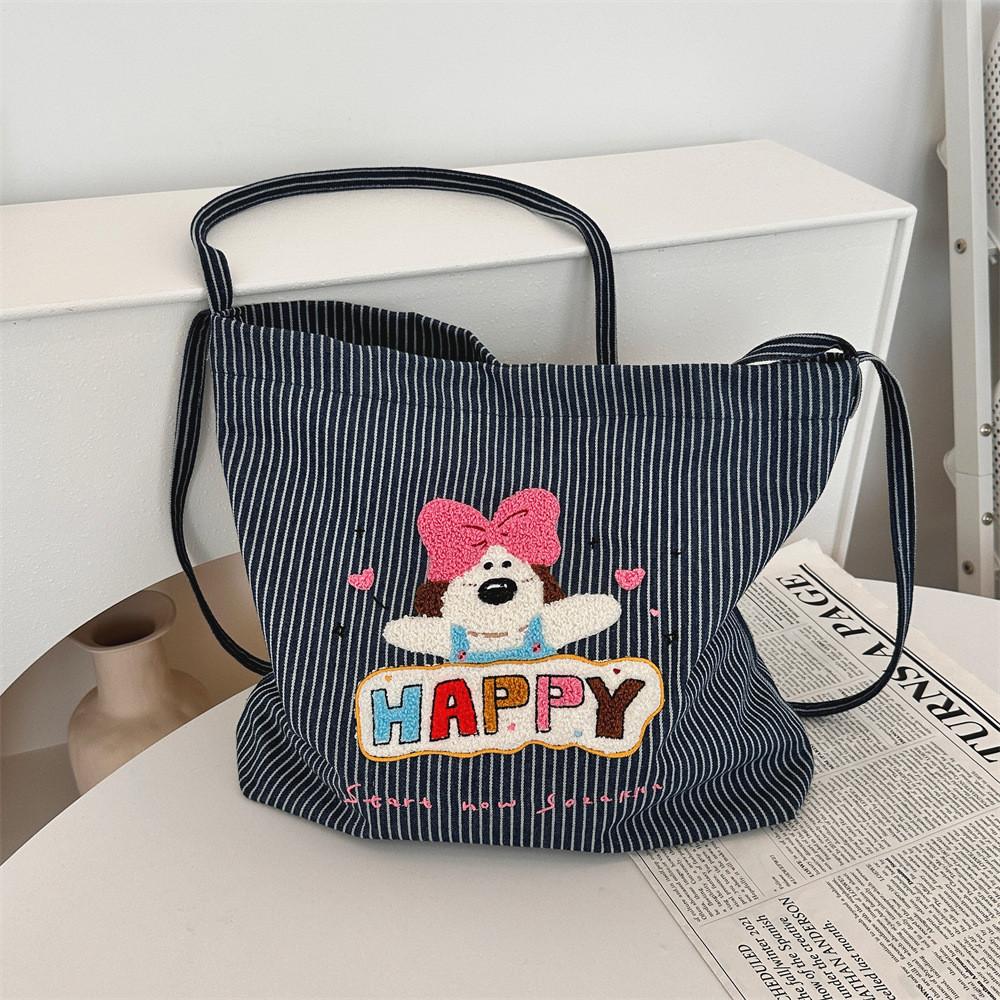 

Charming Striped Canvas Bag Featuring Adorable Cartoon Dogs Perfect For School Big Bow Dog
