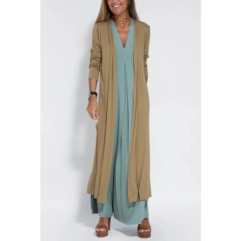 Moda Primavera Estate Cardigan Monocolore Manica Lunga Donna Lento Casual Stile Lungo Spacco Cappotto Signora Elegante