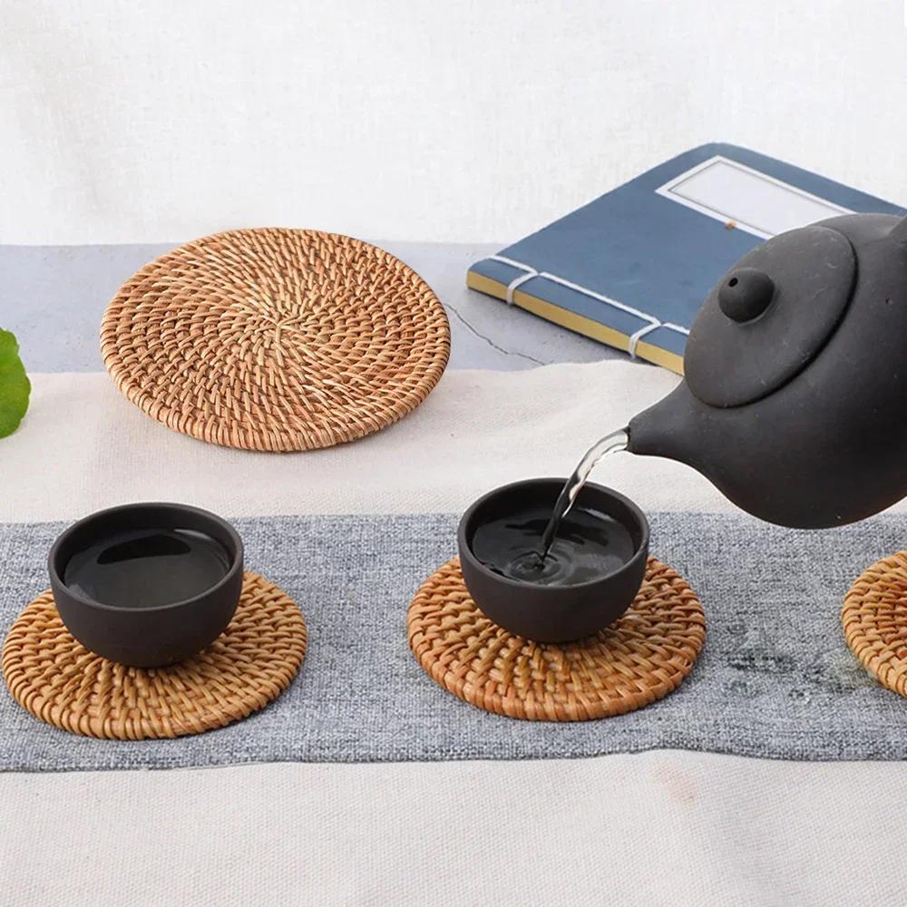 Natural Rattan Woven Placemat Round Table Mat Insulation Coasters Pot Coffee Placemats Pad Anti-Slip Table Mats Handicraft