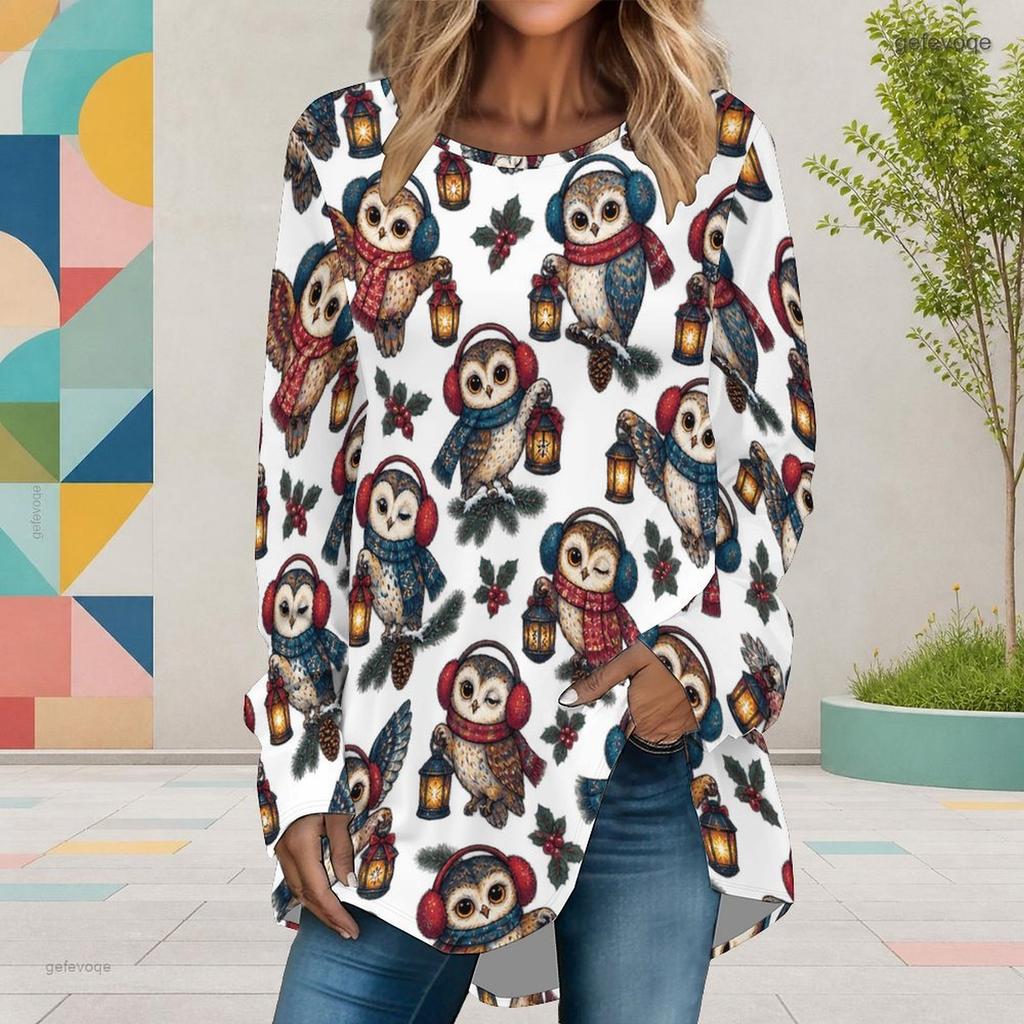 Women Plus Size White Christmas Printed Round Neck Long Sleeve Loose High Low Hem Shirt