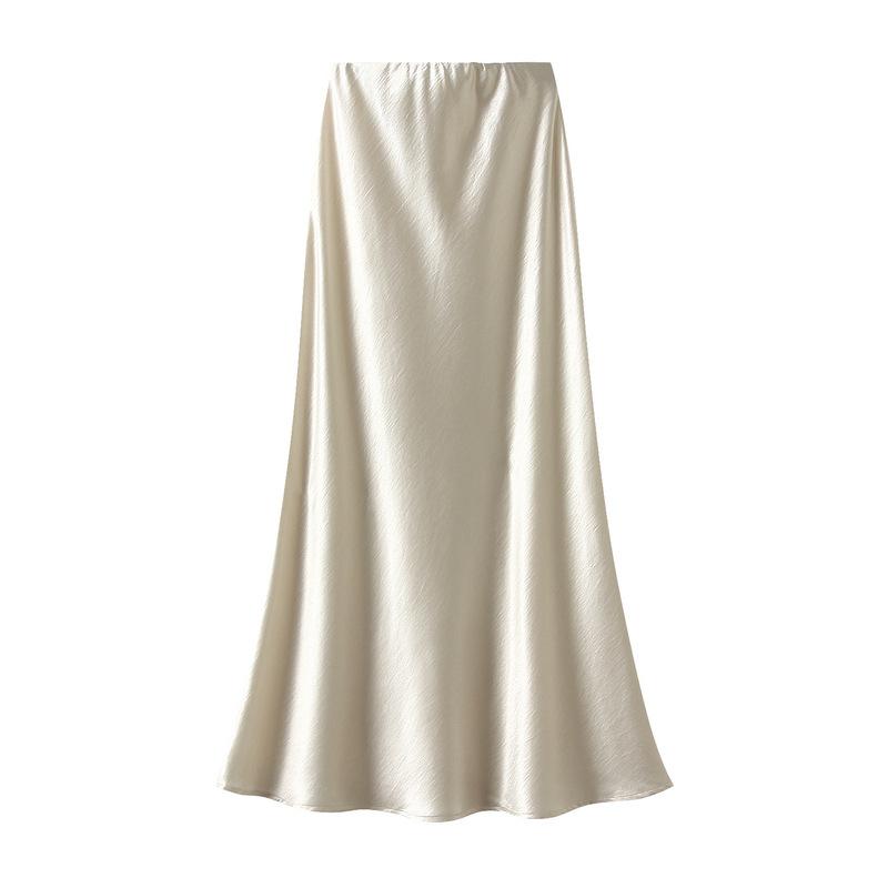 Qooth Elegant Women Satin Fishtail Skirt Maxi Length Bodycon Slim Elastic Waist Skirt QT2762
