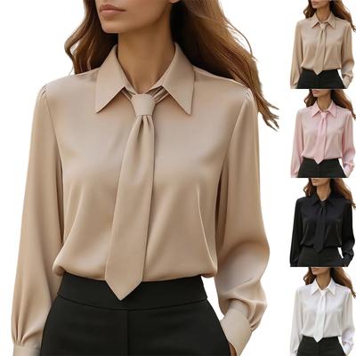 Women's Casual, Fashionable, Solid-color Commuting Tie Long-sleeved Shirt Top