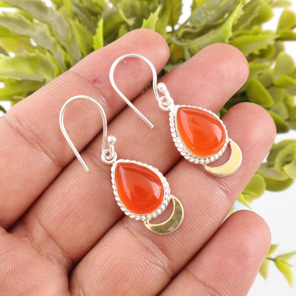 Carnelian Gemstone 925 Sterling Silver Jewelry Handmade Tear Drop Earrings 1.5" EE-162-20