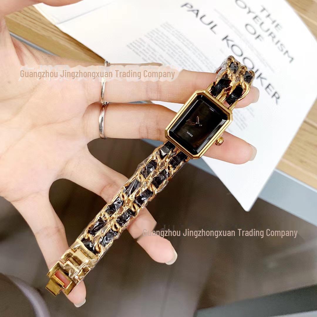 Xiaoxiang Damen-Quarzuhr im Retro-Stil mit geflochtenem Armband in Schwarz und Gold beige
