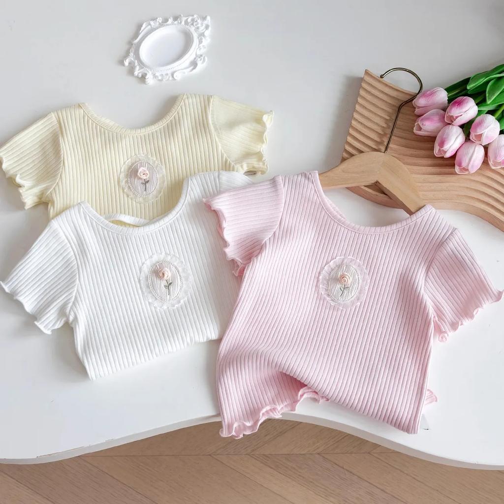 Girls Thin Short Sleeve T-shirt Summer Sweet Princess Flower Solid Color Half Sleeve