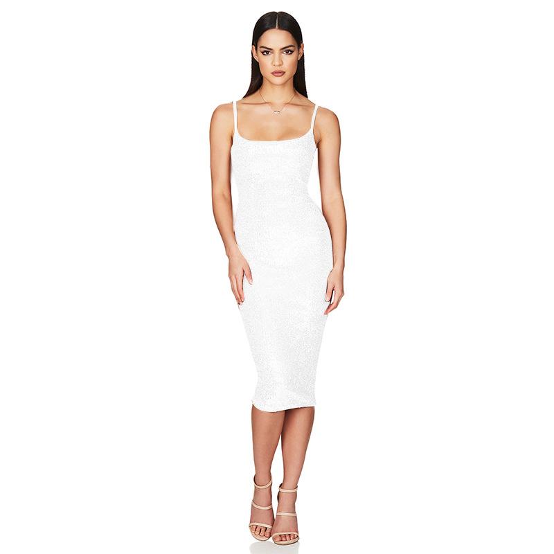 Dámské přiléhavé šaty střední délky s flitry Letní bez rukávů halter šaty