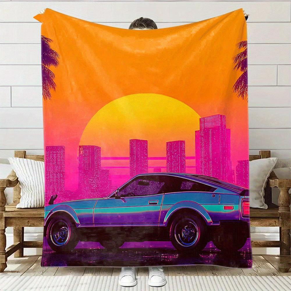 

Retro car neon light patterns Flannel printed blanket suitable for all seasons suitable for living room office sofa and travel 75x100cm