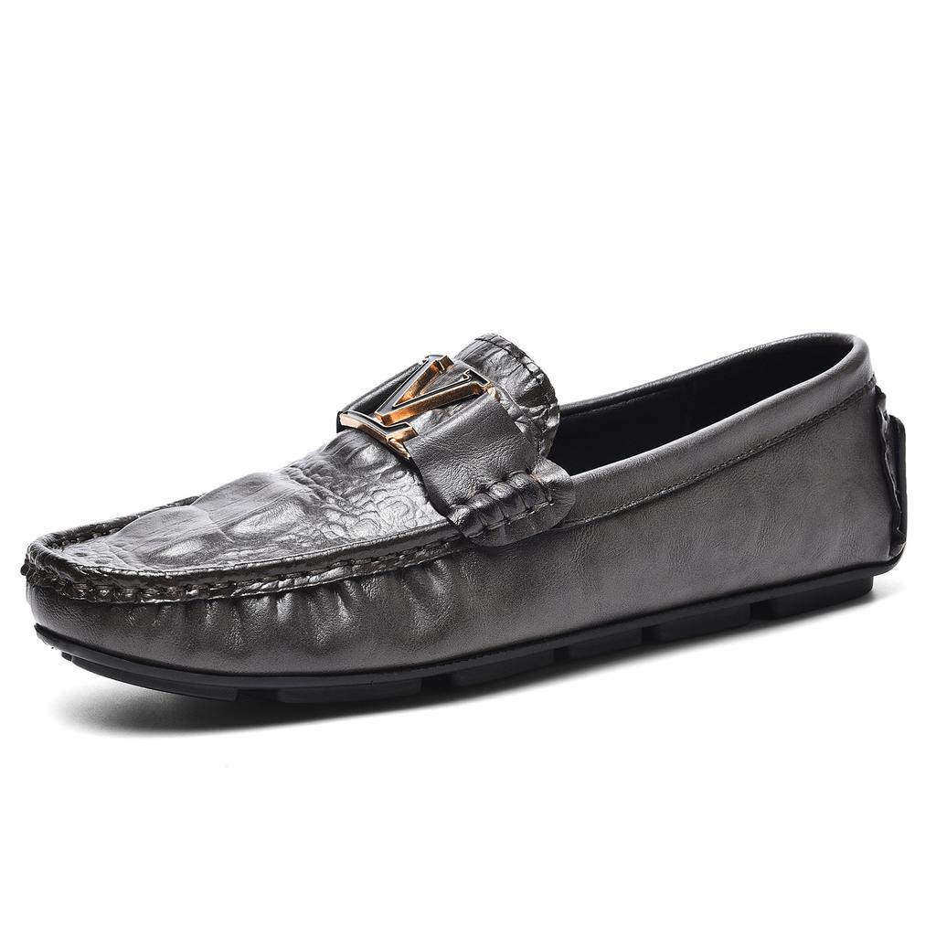 Live crocodile pattern beanie shoes lazy driving shoes British casual men's leather shoes genuine leather cowhide