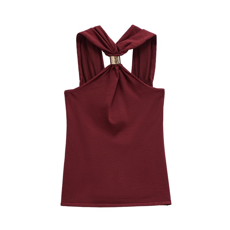 Kaslead New Arrival Women's Fashion Style Gold Inlaid Wide Shoulder Strap Hanging Collar Knitting Tops 4938116