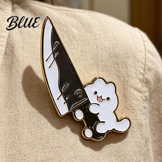 Canvas Bag Accessory Novelty White Cat Holding Knife Enamel Brooch