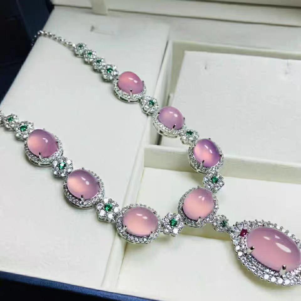 Light Luxury Ice Pink Oval Bead Four-piece Necklace Earrings Ring Bracelet Diamond Dinner Dress Temperament Jewelry Set