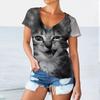 Summer V-neck 3D Printed Funny Cat Pattern Top Fashionable Casual Short Sleeved Women's T-shirts