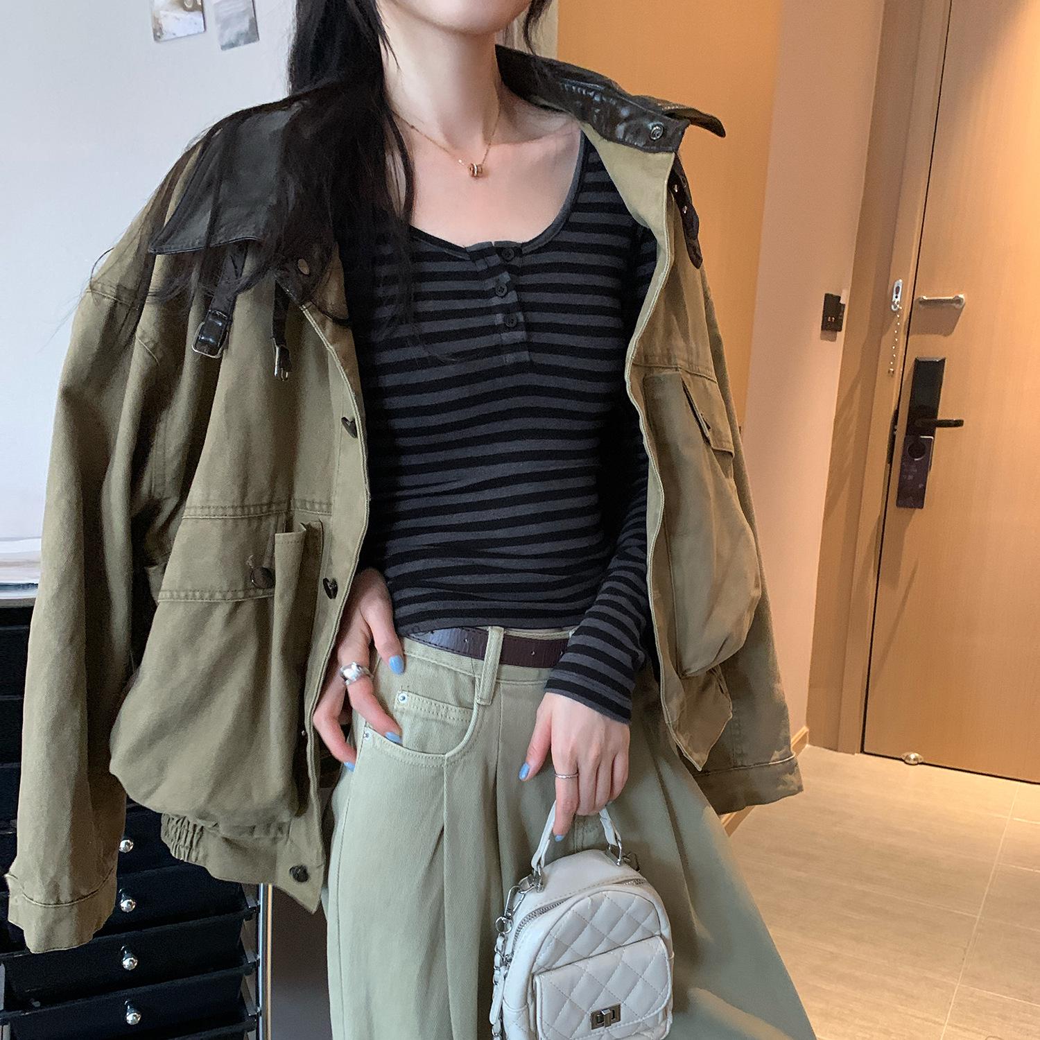 Korean Striped U-Neck Long Sleeve Slimming Women s Autumn/Winter Base Shirt Medium