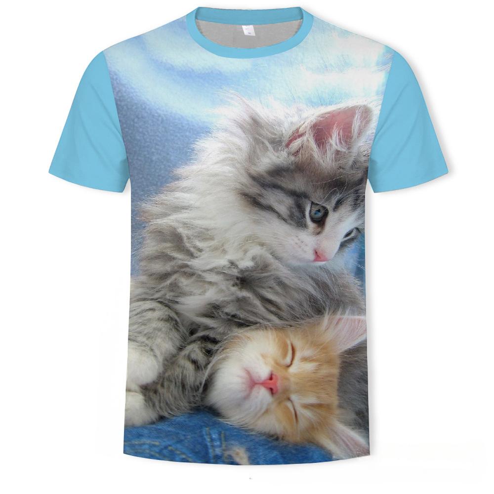 Summer Round Neck 3D Cute Cat Print Top Fashionable Casual Short Sleeved Men's T-shirts