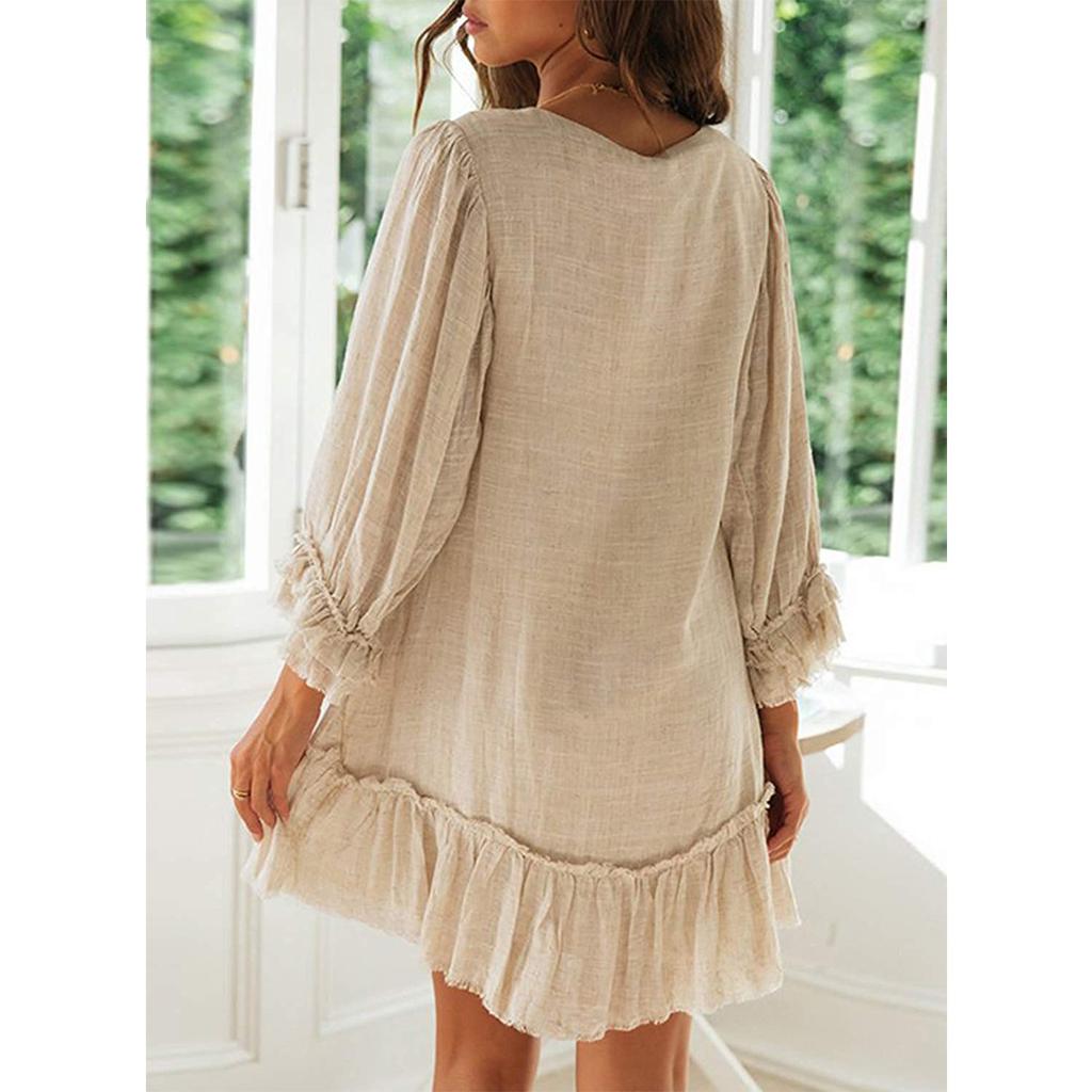 GMXIA Women's A-line Skirt Loose Long Sleeve Cotton Linen Dress with Ruffled Hem