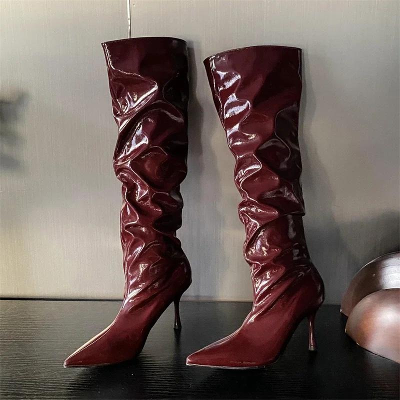 Fashion Eilyken Women Knee-High Boots Fashion Pleated Thin High Heels Wedding Banquet Shoes Winter Autumn Patent Leather Long Booties