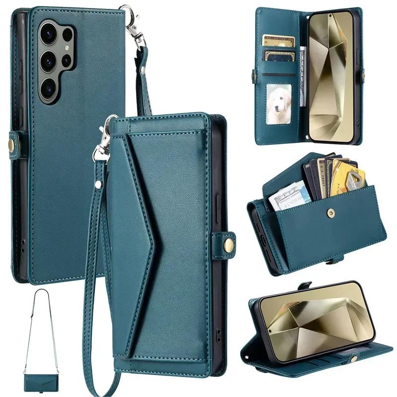

Crossbody Leather Wallet Card Phone Case for Samsung Galaxy S25 Edge S24 Ultra S23 FE S22 S21 S20 S10 Plus Note 20 Lanyard Cover Samsung S10 (4G) зелёный