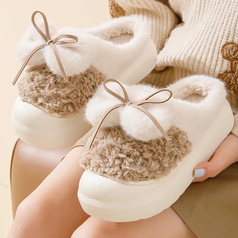 

WTEMPO Мягкие плюшевые женские осенне-зимние тапочки с бантом для пары на толстом каблуке, нескользящие домашние теплые хлопковые тапочки 40-41 белый