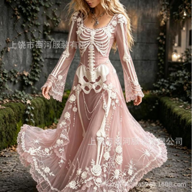 Abito da donna vintage gotico con teschio e rosa, motivo a gradiente, vestito lungo di Halloween con motivo a gradiente