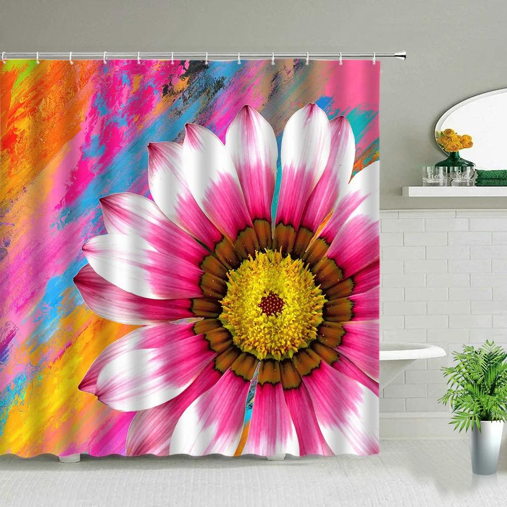 Flowers Shower Curtains Tulip Sunflower Rose Floral Plant Bathroom Scenery Bathroom Decor Polyester Fabric Bathtub Curtain Set