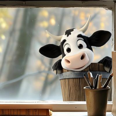 Kreative Fensteraufkleber mit Kuh im Holzeimer, niedliche Glasaufkleber im Landhausstil für die Heimdekoration, abnehmbar