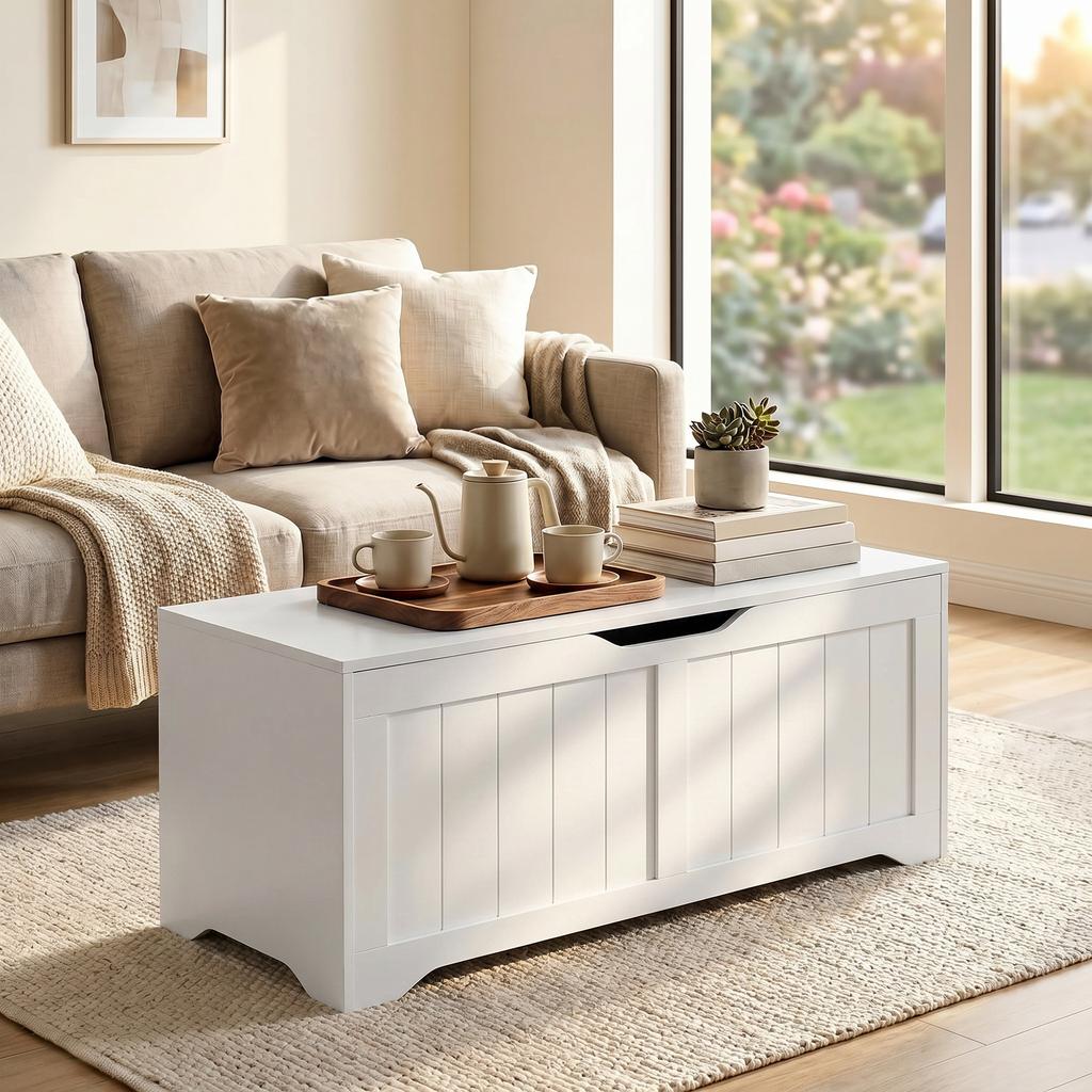 Storage Chest, 136 L, Bench, 2 Safety Hinges, Handle-Free, 100 x 40 x 45 cm, White