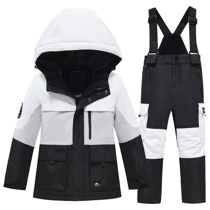 

Детская одежда для сноуборда для девочек и мальчиков, флисовая куртка с капюшоном и комбинезоном, теплые детские горнолыжные костюмы из двух частей для зимы 120cm чёрный