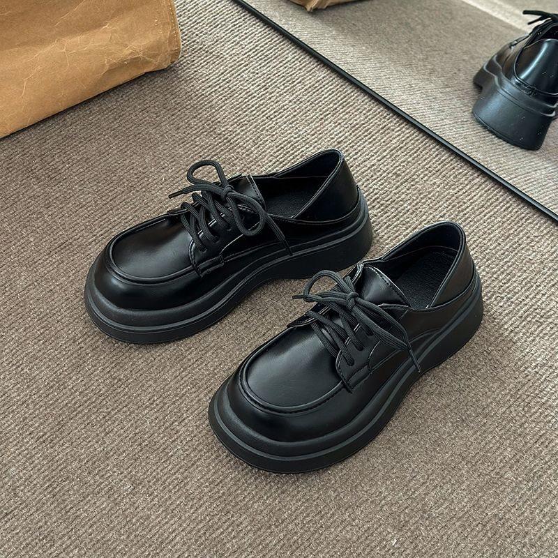 3543 Wind Small Leather Shoes Women's 41 Retro Big Head Shoes Muffin Platform Lace-up Student Single Shoes 42