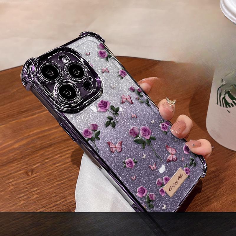 Rose Butterfly Suitable for Apple 16pro Spring and Summer Mobile Phone Case 15 Four Corners Anti-fall 14 Electroplating 13 Transparent Silicone X
