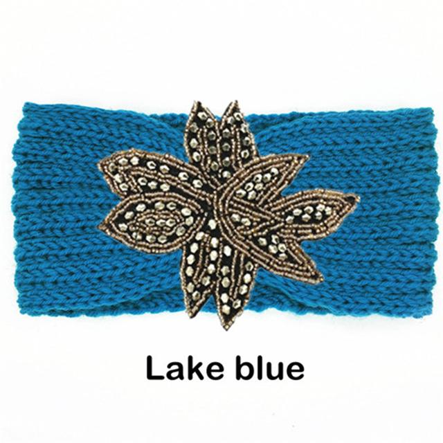 Crystal Beaded Flower Knit Headband For Women Winter Wool Ear Warmer Hairband Turban Headwrap Hair Accessories Bandeau