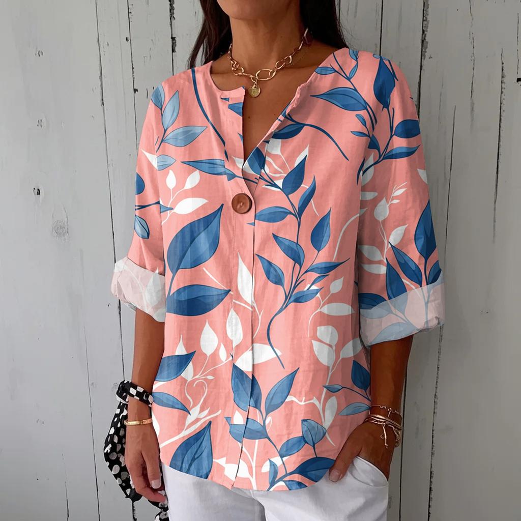 Women's Fashionable Casual V-neck Button Seven Quarter Sleeve Printed Cotton And Linen Top
