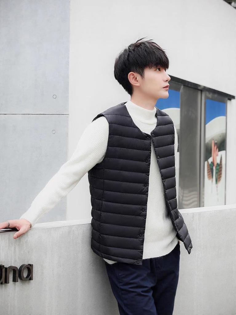 Men's Lightweight Collarless Down Vest for Autumn/Winter - Plus Size, V-Neck, Shoulder Cape.