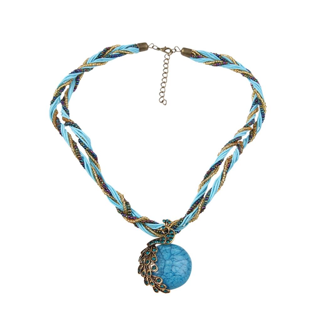 Bohemian Peacock Gemstone Temperament Women's Retro Rice Bead Necklace Sweater Chain Ethnic Pendant Woven Rope