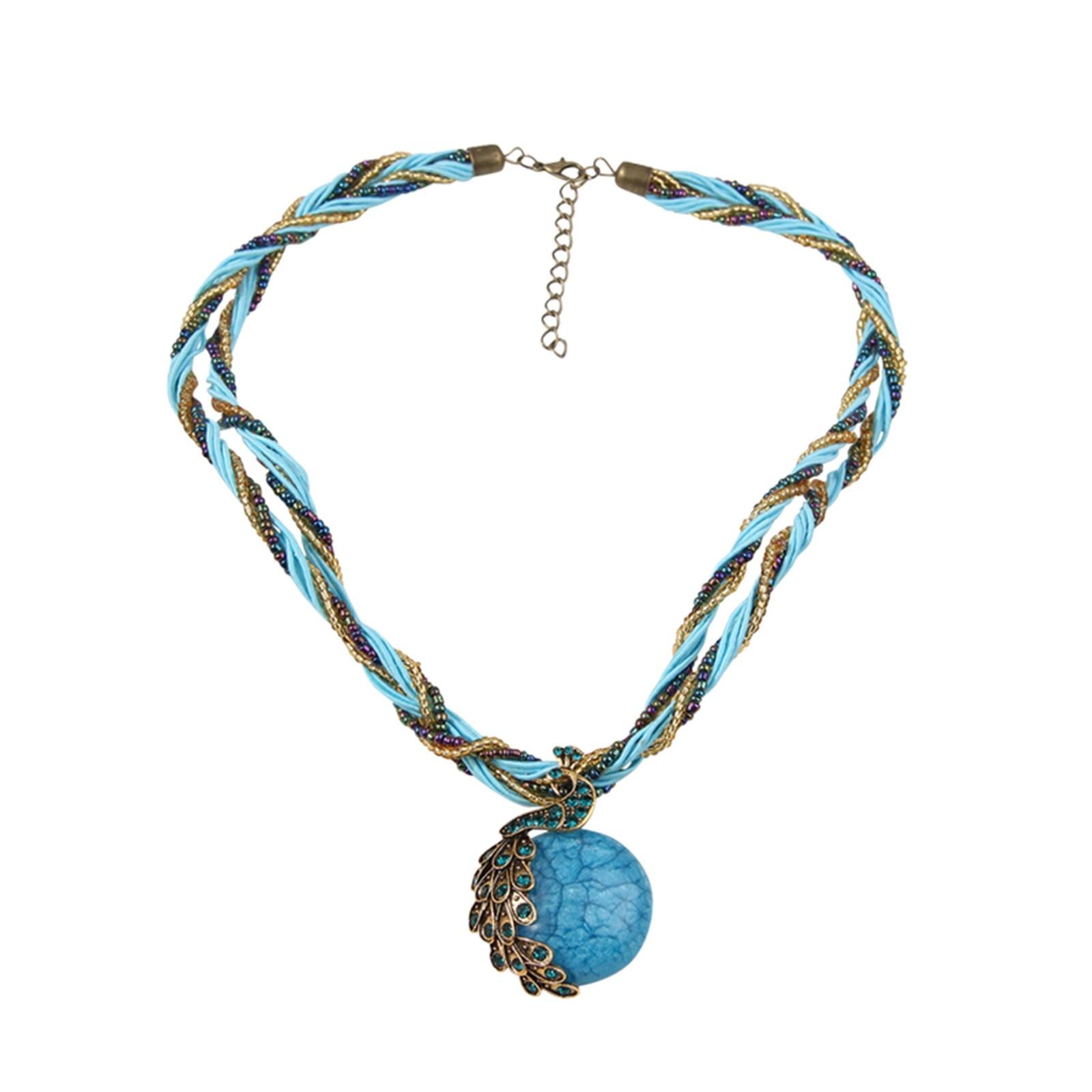 

Богемный павлин драгоценный камень темперамент женское ретро рисовое ожерелье цепочка свитер этнический кулон плетеная веревка One Size синий